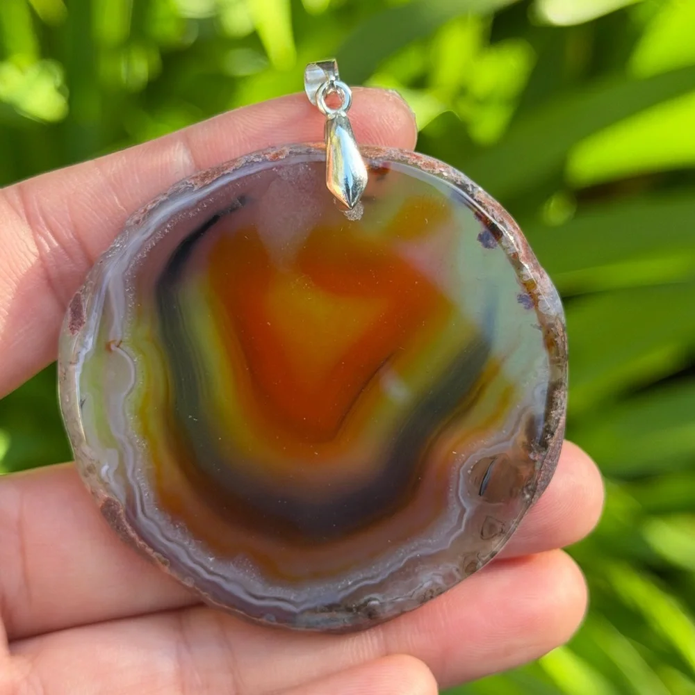 Sterling silver 925 stamped red brown banded agate pendant 0728‎